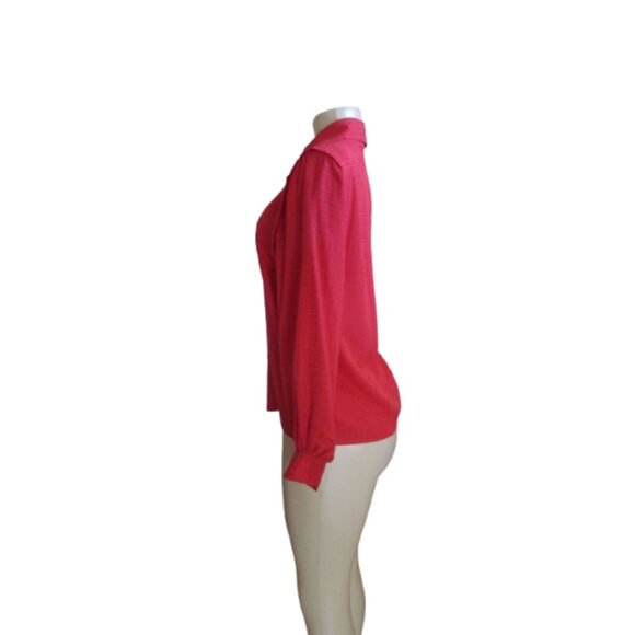 Vintage Oleg Cassini Red Textured Silk Button-Up Shirt Size 4 Long Sleeve Collar - Picture 4 of 8